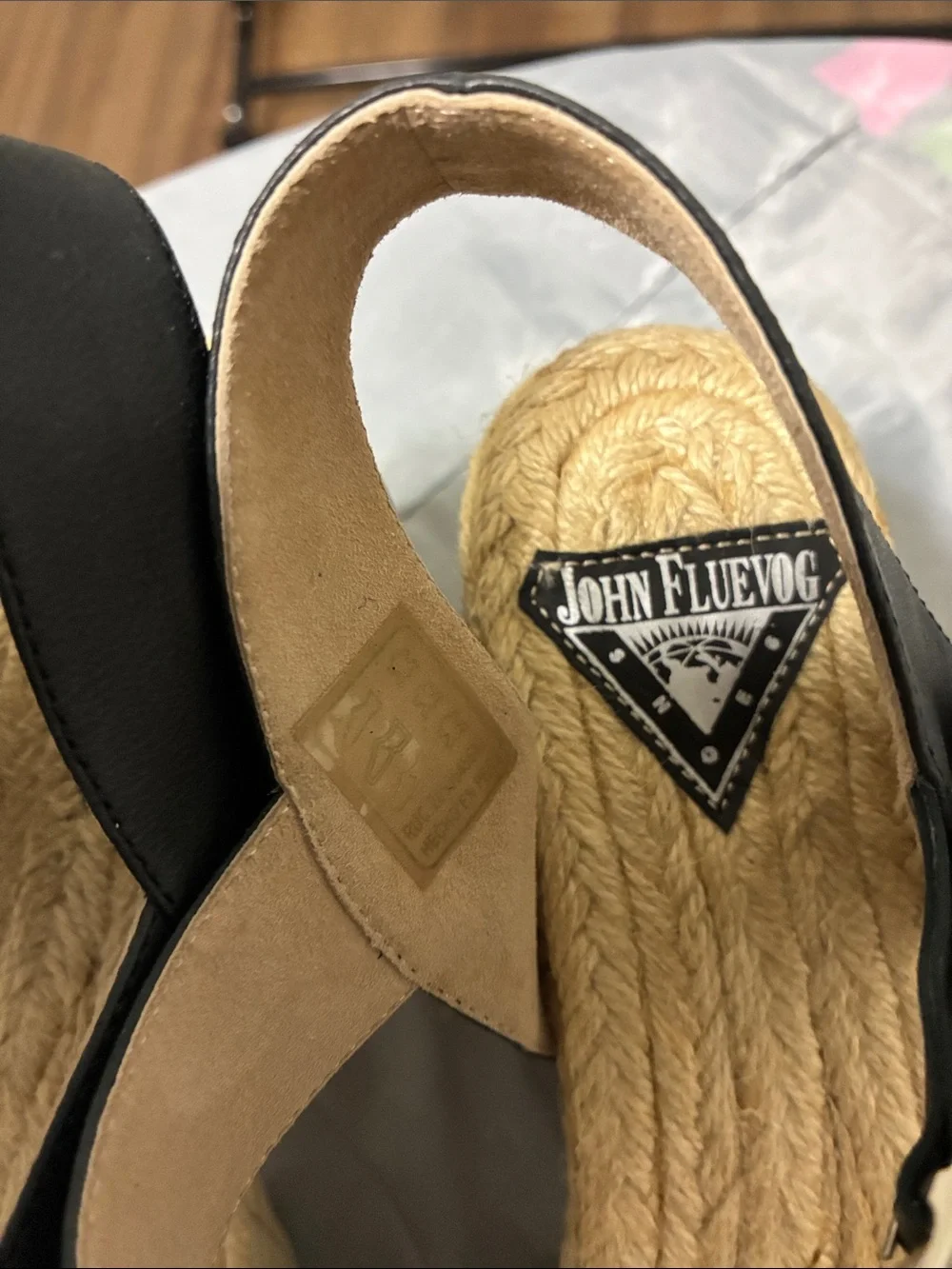 John Fluevog Black Leather Espadrille Wedge Sandals
